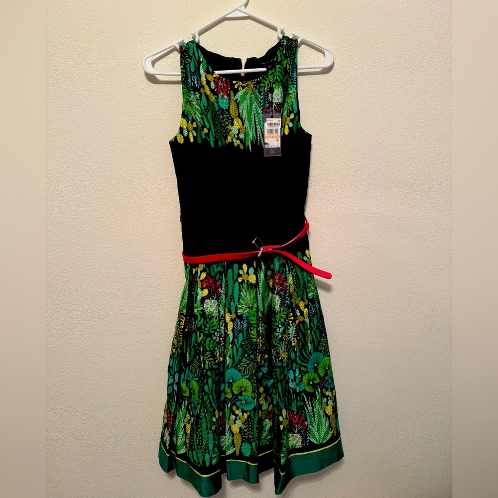 Floral Green and Black Dress with Red Belt